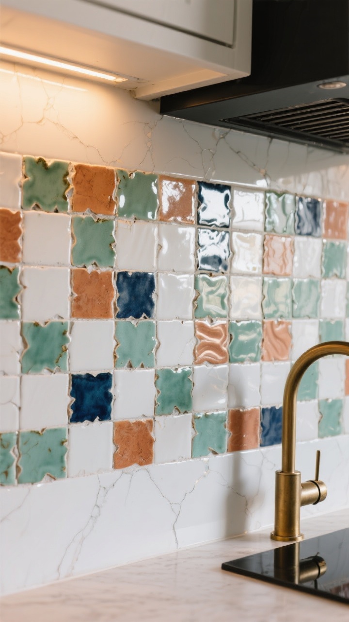 Photorealistic closeup detail shot of a white kitchen backsplash in hand-cut Moroccan zellige tiles, 4x4 size, arranged evenly with slightly darker grout to define the irregular handmade edges; tiles in a color-drenched palette of sage green, ink blue, and warm terracotta mixed subtly across the wall, showcasing glaze variation, ripples, micro-chips, and hairline crazing; under-cabinet warm LED lighting (2700–3000K) grazing the glossy surface to create shimmering highlights; partial view of matte black hardware and a brass pot filler for context; no people, high dynamic range, emphasis on glow, warmth, and texture.
