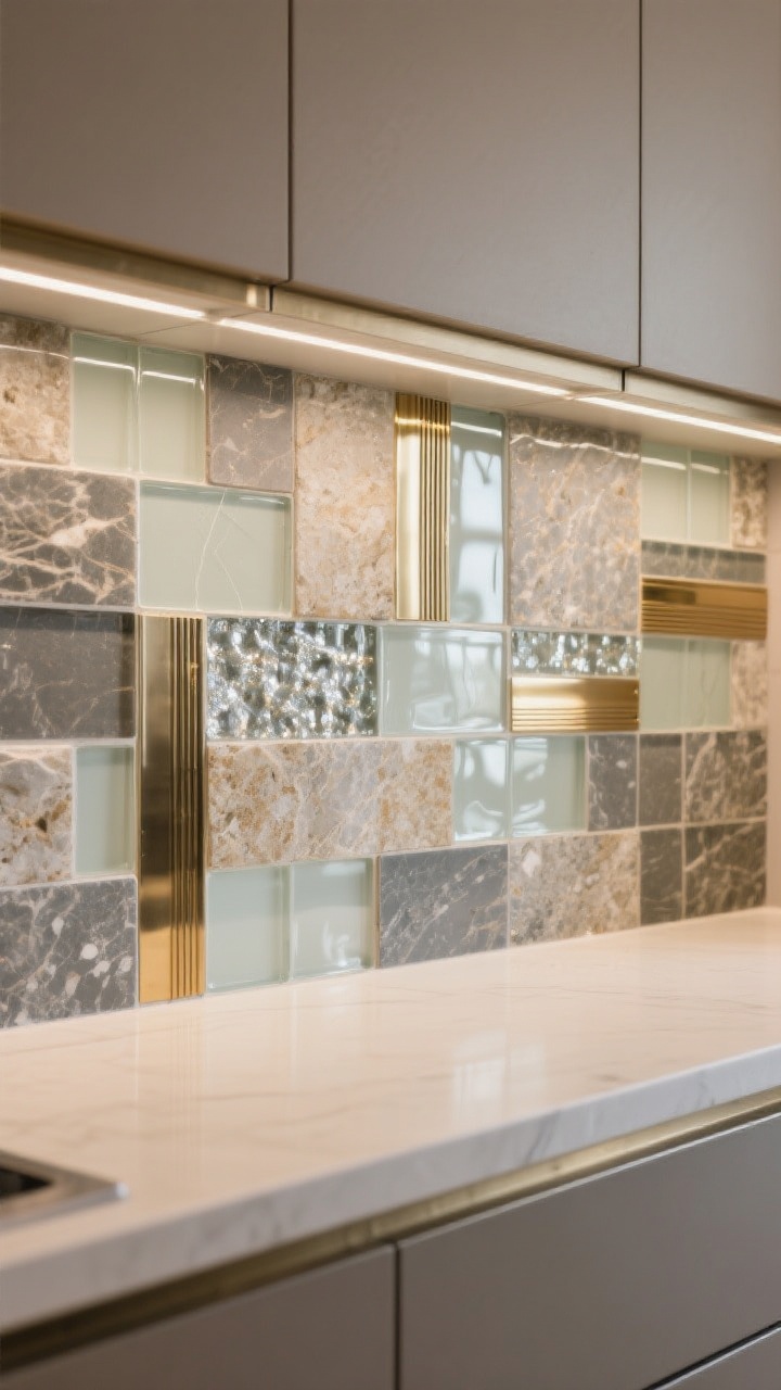 Photorealistic detailed closeup of a mixed-material mosaic backsplash showcasing texture and sheen: a tight crop of interlocking tiles combining clear and frosted glass, honed stone, and slim metallic inserts in brushed brass and stainless steel. Matte and gloss finishes contrast to avoid a flat look. Palette anchored by two countertop-pulled neutrals (warm gray and cream) and one cabinet tone (soft taupe). Low-profile metal schluter edge provides a crisp, intentional border. Side-lit by soft under-cabinet lighting to make glass sparkle and metal glow while keeping stone tactile; no people, just the tactile surface filling the frame.