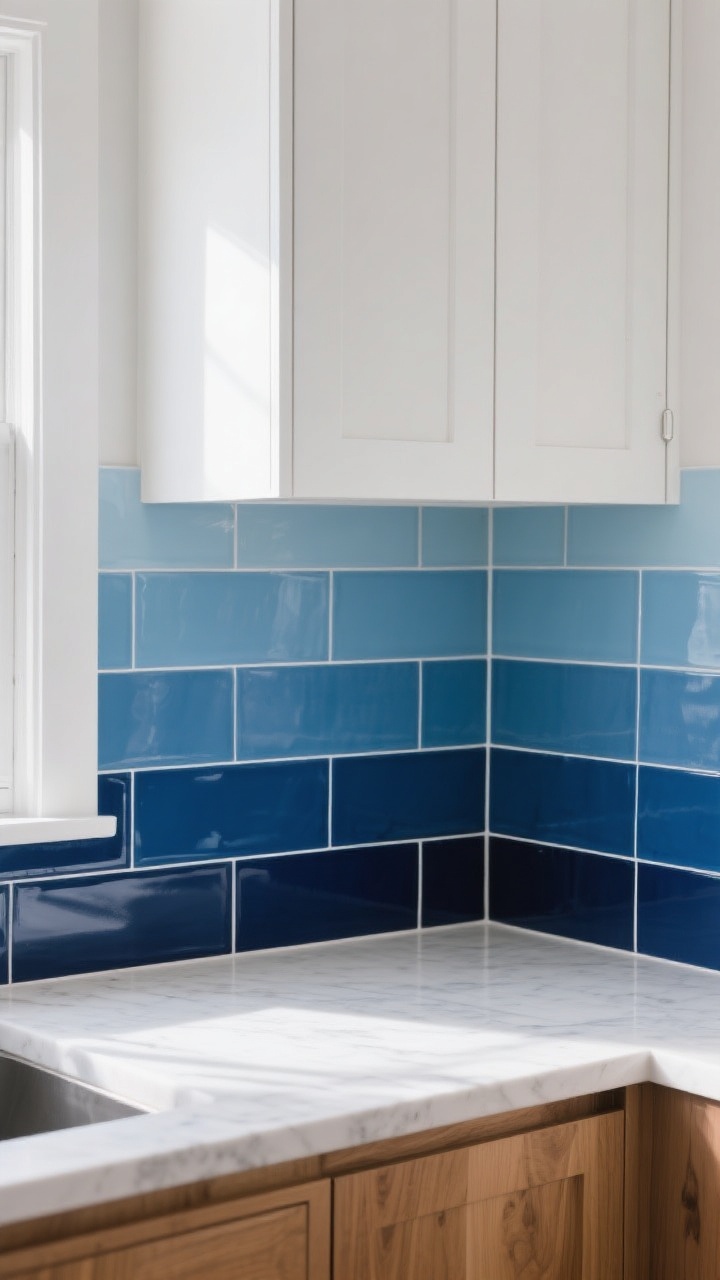 Photorealistic medium shot of a kitchen backsplash with a color-drenched ombre mosaic: deep navy tiles near the countertop melting into cobalt and then sky blue toward the upper cabinets. Subtle transitional tiles blend the seams for a seamless gradient, with color-matched grout for a luxe, uninterrupted fade. Flat-front white upper cabinets and natural wood lower cabinets keep the look simple. Soft natural daylight from the left adds gentle highlights without glare. Straight-on perspective to emphasize vertical gradient and visual height; clean quartz countertop, no clutter.