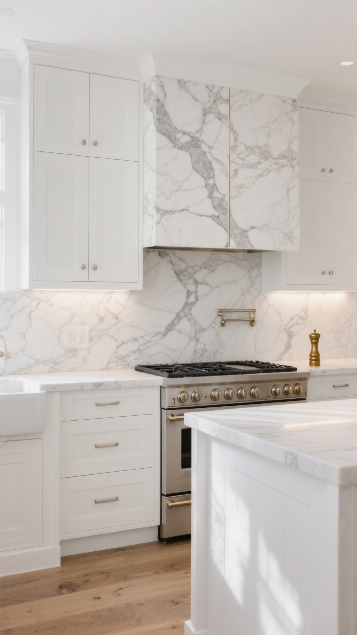 Photorealistic medium shot of a white kitchen featuring a full-height marble slab backsplash behind a range, showcasing dramatic Calacatta-style veining with a bookmatched center seam; clean-lined white cabinets with simple brushed nickel hardware, white oak floors, and a matching waterfall-edge countertop for a seamless, elevated minimalism look; soft natural daylight from the left plus subtle under-cabinet lighting to accent the stone’s movement; counters uncluttered except a single unlacquered brass pepper mill to hint at warm metal pairing; no people, crisp, luxurious, quiet-drama mood.