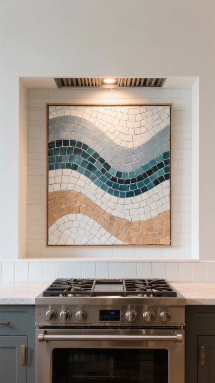Photorealistic medium shot of an artful mosaic mural behind a range niche, framed by simple white field tiles and a slim contrasting pencil trim. The mural features abstract, gently flowing wave forms with a tight palette of five colors: misty blue, deep teal, soft gray, warm sand, and white. Smaller tiles build detailed wave crests; larger tesserae wash the background. Quiet, minimal countertops and cabinetry let the mural read like a gallery piece. Warm, focused task lighting from a vent hood spotlights the niche, creating a subtle vignette. Straight-on composition centered on the range and framed mural for a museum-like feel.