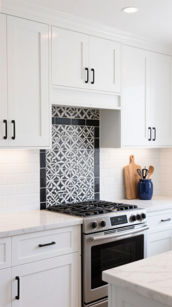 Photorealistic straight-on medium shot of a white shaker-cabinet kitchen with a graphic patterned porcelain tile backsplash in bold black-and-white geometric motifs, applied as a framed panel behind the range niche; matte black pulls and a slim floating shelf capping a half-height run on adjacent wall; grout matched to the tile’s white background for cohesion; styling includes a minimalist wood cutting board and a navy ceramic utensil crock to echo “navy and white” cues without clutter; bright, even task lighting with a slight overhead emphasis; no people, sharp, energetic, modern character.