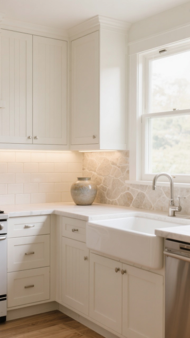 Photorealistic wide room shot of a serene white kitchen showcasing textured neutrals: vertically stacked matte cream subway tiles running to the underside of upper cabinets on one wall, painted beadboard (warm off-white) carried full height to the ceiling around a window on another, and a honed limestone backsplash panel behind the sink; grout kept close to tile color for a seamless tone-on-tone effect; finishes balanced with satin hardware, a small glazed ceramic vase for a touch of gloss, and light wood accents; soft morning natural light plus dimmable under-cabinet LEDs for calm ambiance; no people, airy, understated elegance.