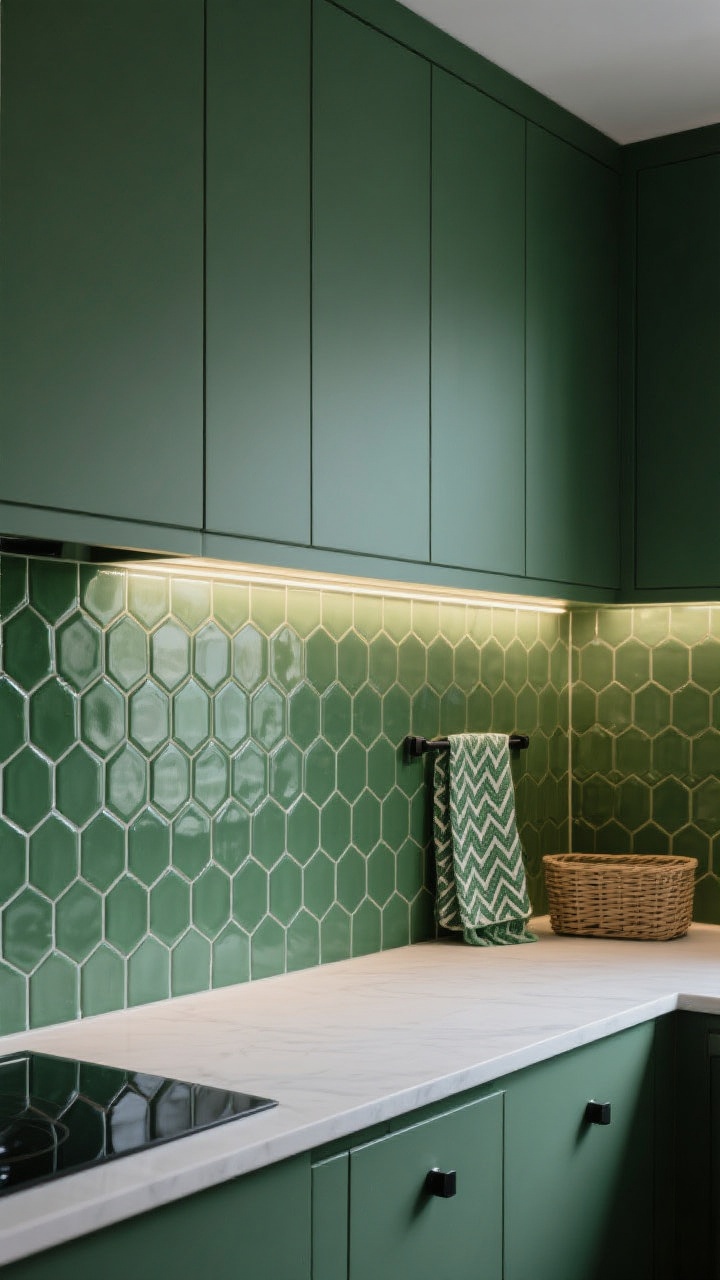 Photorealistic wide shot of a monochrome kitchen backsplash where the layout is the star: a forest-green micro-hex mosaic with razor-thin, tone-on-tone grout for a crisp, minimalist read. Long, uninterrupted runs are vertically stacked at the ends of the wall for a tailored, taller feel. Under-cabinet dimmable LED lighting grazes the surface to make the subtle sheen and texture glow. Finishes mix matte field tiles with a gentle zellige-style glossy variation for depth. Black hardware and a simple basketweave-patterned tea towel in tonal greens sit nearby to echo pattern without adding new colors. Shot from a corner angle to capture height and length.